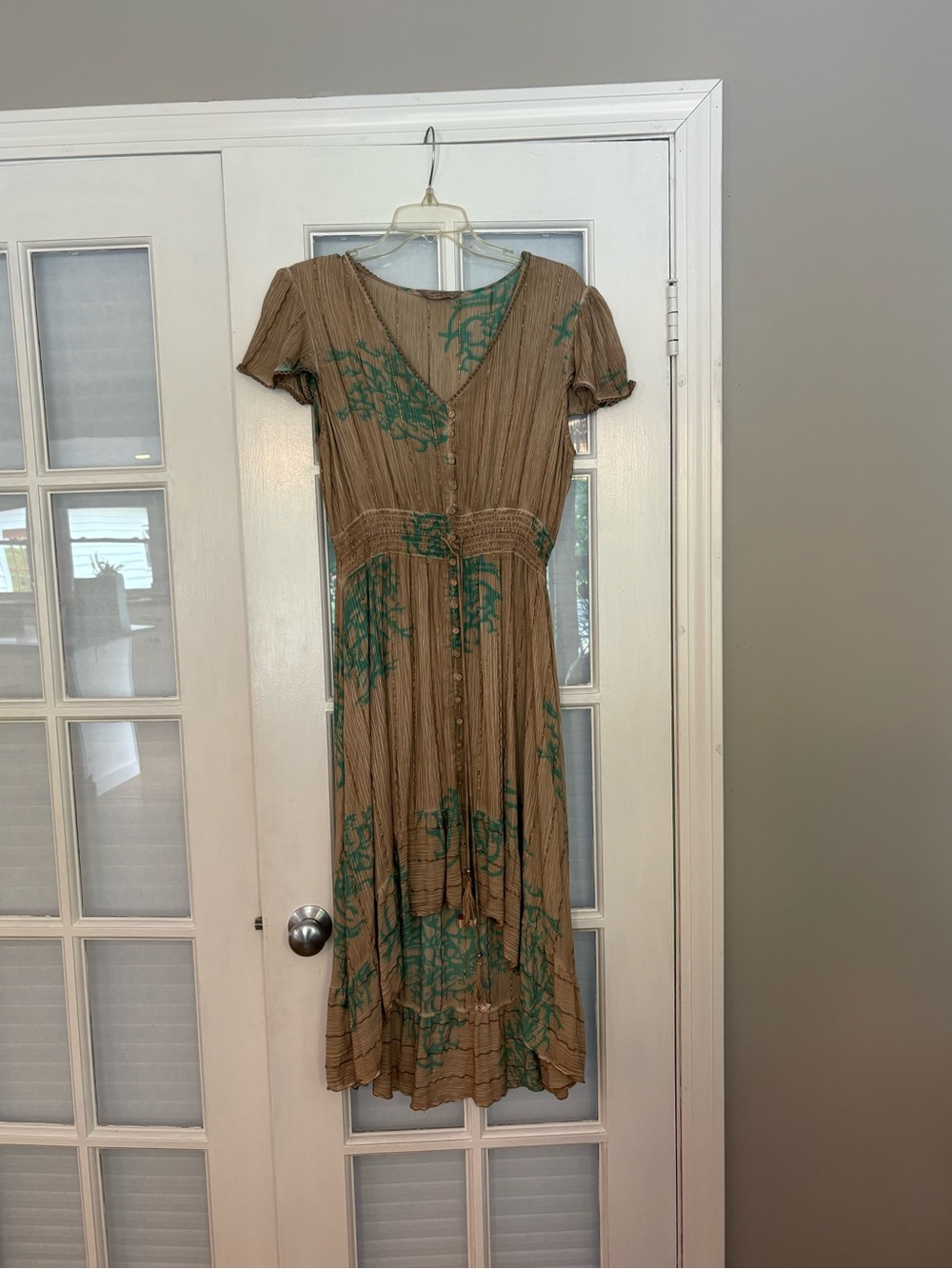 Taupe Floral Midi Dress with Green Print - V-Neck Button Detai